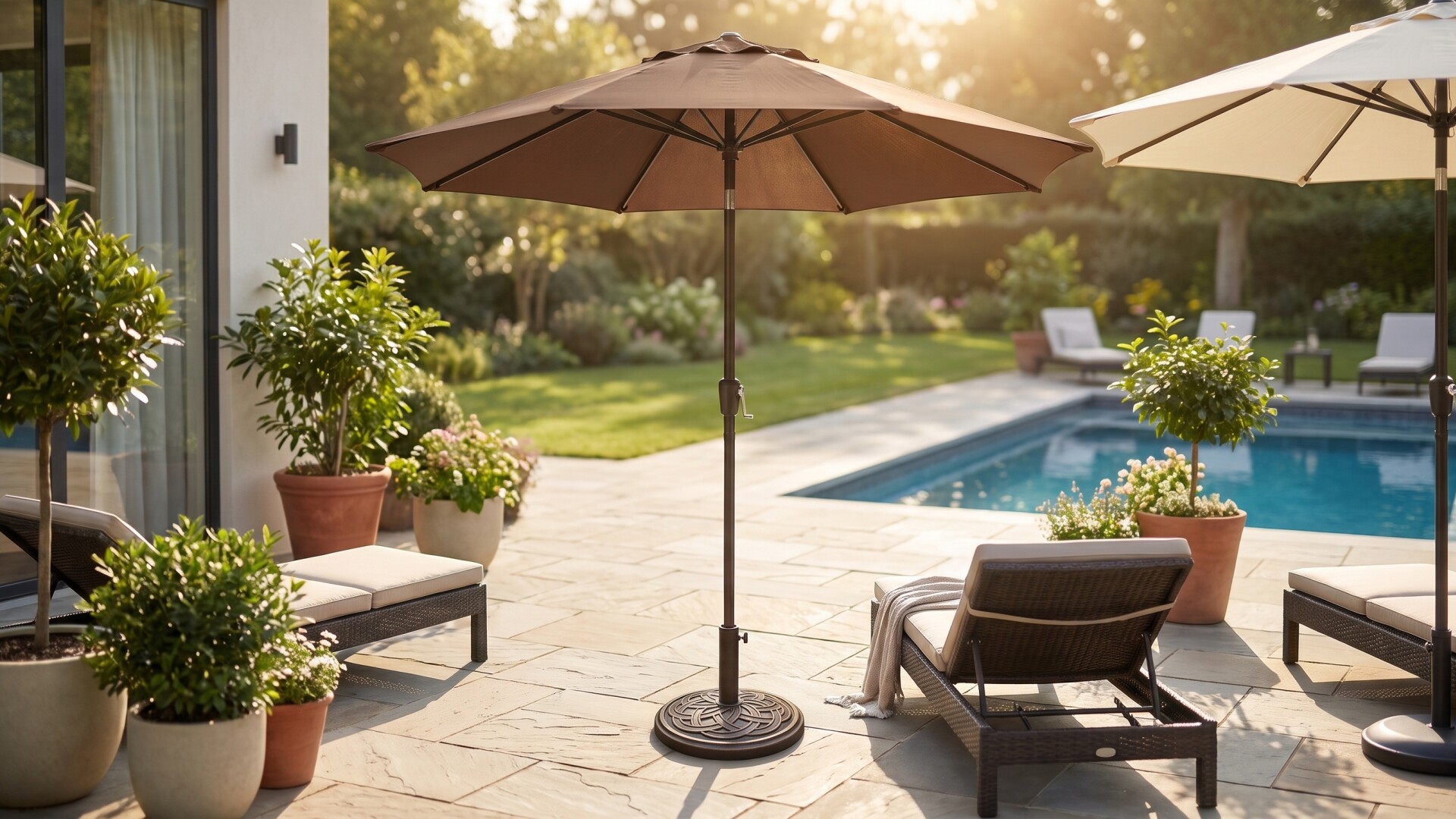 Luxurious outdoor patio, pool, and lounge setup